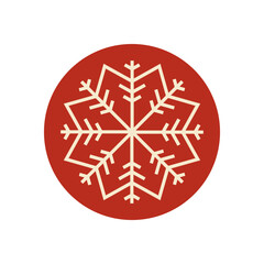 Red round xmas snowflake sticker label with line ornament. Christmas element as holiday icon for winter package. Decorative snow flake and stylish graphic label for festive season.