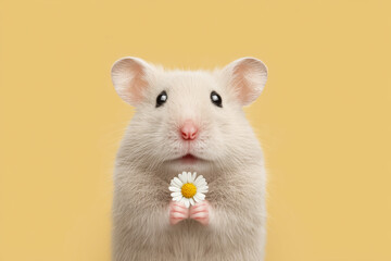 Adorable fluffy hamster holding a yellow daisy flower, cute round rodent with pink cheeks on a clean white background.