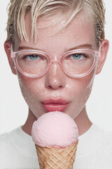 Extreme close-up of a freckled face model with pink glasses holding a scoop of pink gelato in a waffle cone