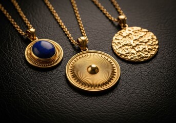 Three gold pendants with different designs on black leather background