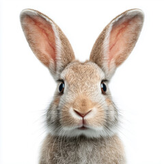 Portrait of a cute fluffy rabbit with large ears and expressive eyes on a white background