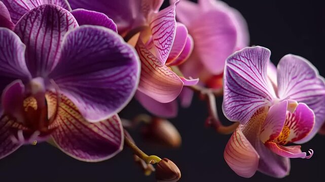 Close-Up Action of Purple Orchid Flowers in High-End Lighting Setup for Botanical Photography