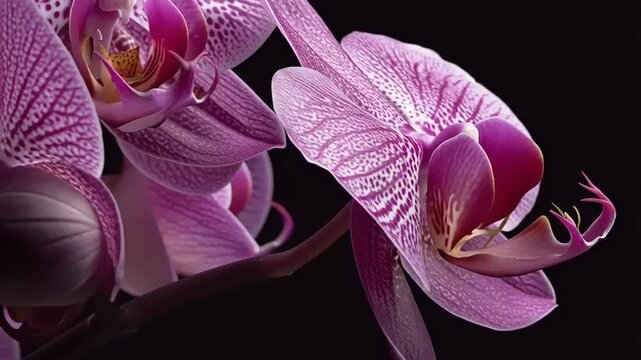 Close-Up View of Purple Orchid Flowers in Nature, Detailed Petals and Stems, Macro Photography