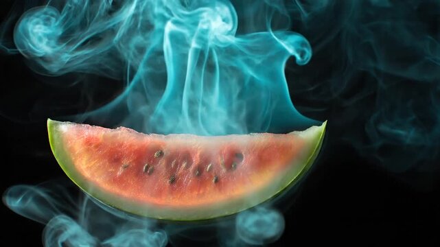 A watermelon slice with a captivating mist of vibrant blue smoke against a deep black background