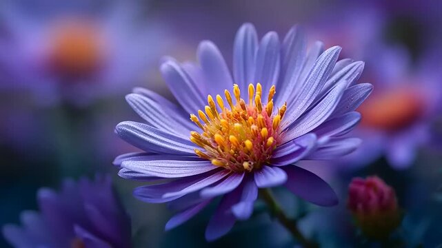 Close-Up View of Purple Aster Flower in Nature, Detailed Macro Photography, Tranquil Garden Environment