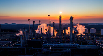 Fototapeta premium Industrial refinery plant with smoking chimneys and complex piping systems at sunset against a mountain landscape.