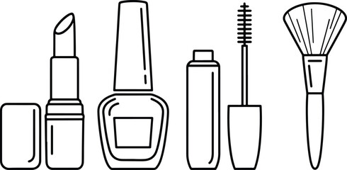 Beauty Makeup Outline Icons Set with Lipstick Nail Polish Mascara and Brush