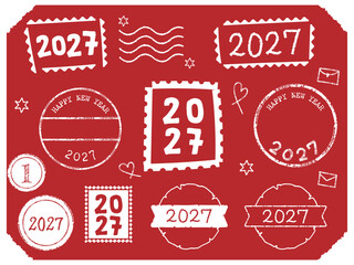 2027年の年号入り郵便スタンプ風の素材セット