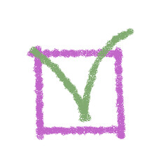 Crayon sketch check box with green tick mark forms a square symbol. Pastel patch element in child style. Checkbox icon suits creative art, playful decor, hand drawn concepts or sticker design
