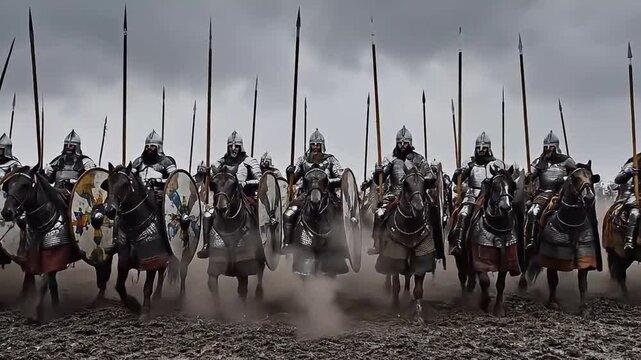 Medieval Knights on Horseback Charging Forward in Formation.