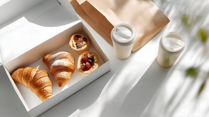 Croissants and pastries in a white box next to two takeaway cups, casting soft shadows. The scene is bright and inviting, with sunlight illuminating the food and highlights