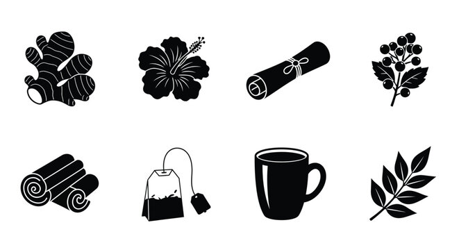 Herbal tea ingredients and mug icons.