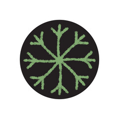 Green crayon snow flake icon with black background and round ornament style. Chalk label for winter package lid and xmas element in cold frost season design. Snowflake symbol for festive use.