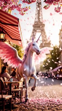 Whimsical pink flamingo statue beside a Parisian cafe with the Eiffel Tower in the background