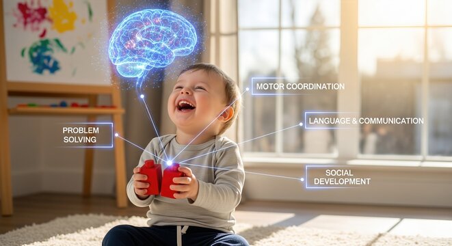 Happy toddler boy playing with blocks with a digital brain hologram illustrating early childhood development, cognitive growth, and learning milestones like motor coordination and problem