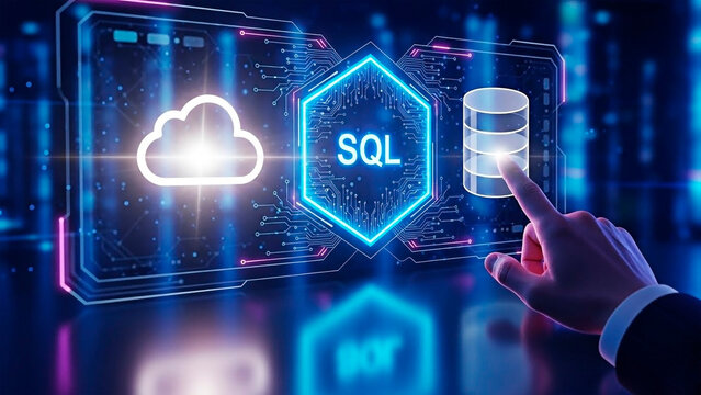 A hand interacting with a futuristic SQL database interface for cloud computing