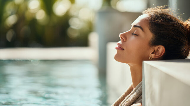 Woman enjoying peaceful wellness moment, eyes closed in serene meditation, finding tranquility and balance during a luxurious spa retreat by the swimming pool