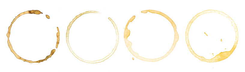Set of four brown coffee cup rings stains and splashes isolated on transparent background for design element