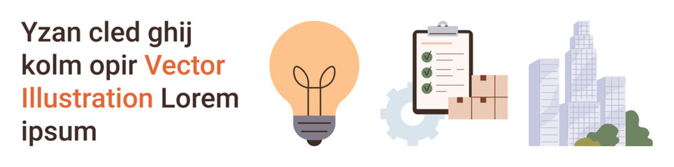Fototapeta premium Innovation, business planning, supply chain, logistics, urban development, productivity. Light bulb, clipboard gear boxes buildings. Innovation and business planning in logistics context