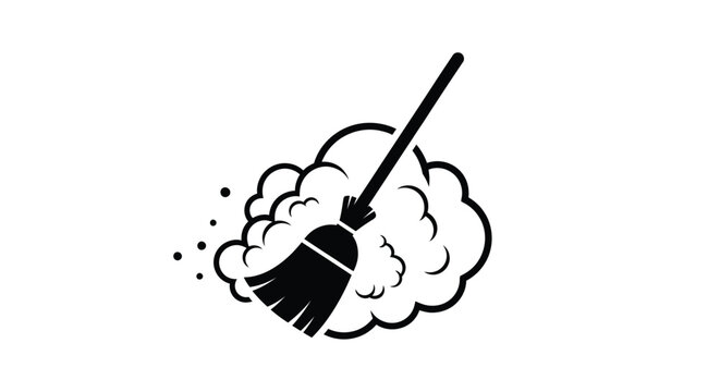 A black broom sweeps a cloud of dust clean home concept silhouette