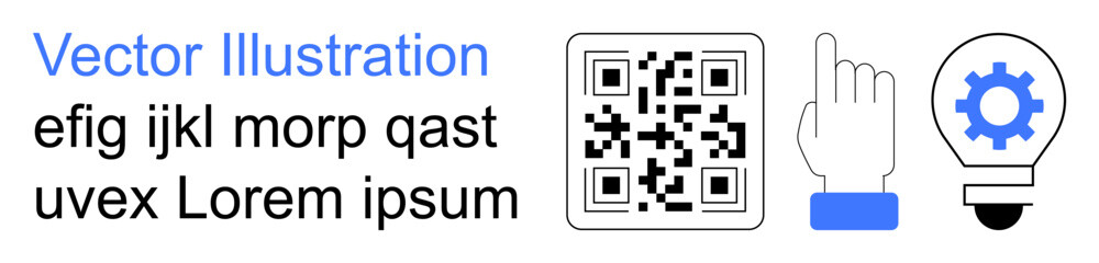 Digital transformation, innovation, cybersecurity, mobile scanning, business strategy, future tech. QR code with a pointer and gear in a lightbulb. Digital transformation and innovation concept