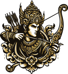 Cultural Heritage Logo Vector Powerful Southeast Asian Hero Archer Ready to Aim, Surrounded by Flowing Golden Scroll Ornaments