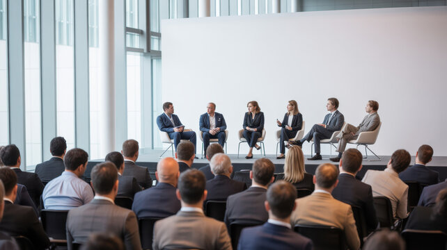 Interview and round table discussion at business convention and presentation. Audience at the conference hall. Business and entrepreneurship symposium.