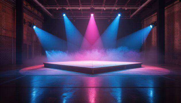 Dance performance in a garage studio featuring vibrant spotlights, aged brick backdrop, and an industrial setting 