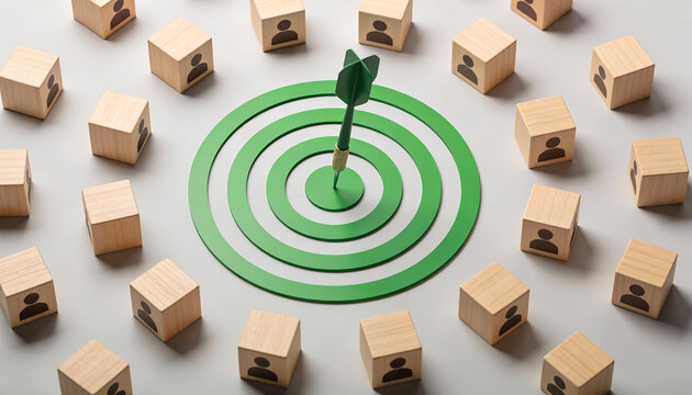 Team success target concept with green dart hitting center surrounded by wooden employee cubes showing collaborative goal achievement