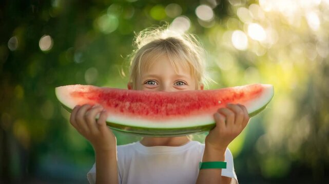 Happy child holding watermelon slice outdoors in summer, fresh juicy fruit, healthy snack, joyful childhood, sunny day, seasonal food, smiling kid, natural lifestyle, refreshing summer concept