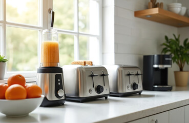 Stainless steel appliances sit on a clean kitchen counter by a window. A blender with smoothie, toasters with bread, and coffee maker await morning use. Oranges in a bowl and a plant add fresh decor.