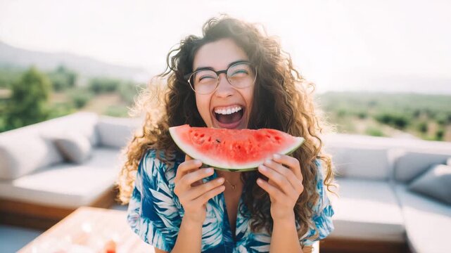 happy adult woman with voluminous curly brown hair and dark rectangular eyeglasses, laughing openly while holding medium triangular slice of ripe watermelon with both hand 4K