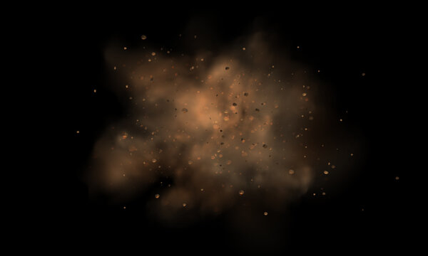 Brown dune explosion with yellow flying sand, dirt clusters, and textured wind effect.