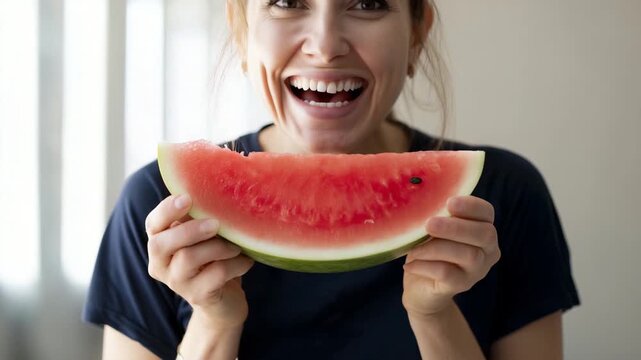 ripe watermelon slice spanning almost entire width of frame, bright saturated red flesh facing camera, thin pale white inner rind and thicker green outer rind 4K