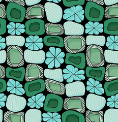 Floral mosaic pattern of bright colors on a black background.Seamless drawing.