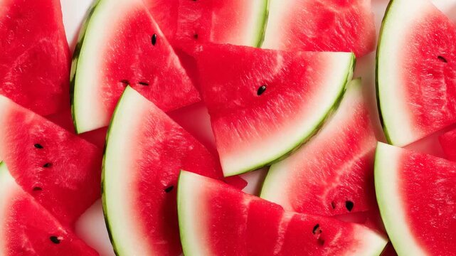 watermelon slices, straight vertical bird&rsquo;s-eye perspective. Entire frame completely filled with densely packed 4K