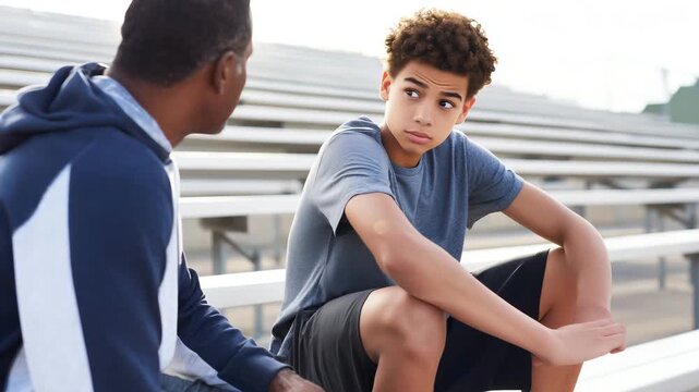 Youth athlete and mentor resting on stadium bleachers after practice, faceless adult figure offering advice, teen listening with thoughtful posture, casual sports   4K