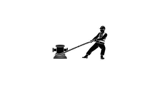 Worker Pulling Rope on Bollard Silhouette Animation Footage