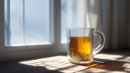 A Cup of Tea by the Window: A steaming mug of tea sits gracefully on a wooden sill beside a sunlit window. The warm beverage's inviting glow, combined with the play of light and shadow.