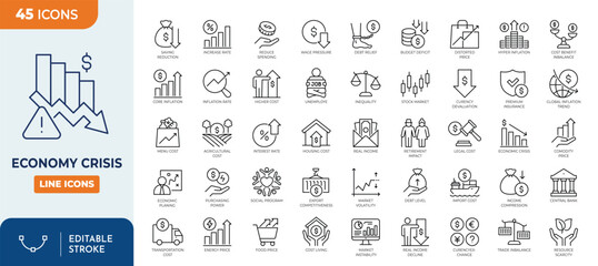 Obraz na płótnie Canvas Economy Crisis icon set. Contain icons related to Economic downturn, stock marker cash, Decrease, layoff, job fired, recession, credit crunch, and more. Editable stroke. Vector illustration