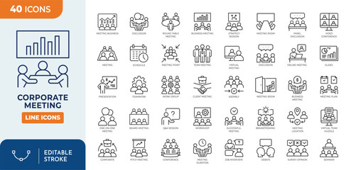 Corporate meeting icon set. Containing Business meeting, conference, meeting, business training, brainstorm, seminar, interview, virtual Meeting, and more. Editable stroke. Vector illustration