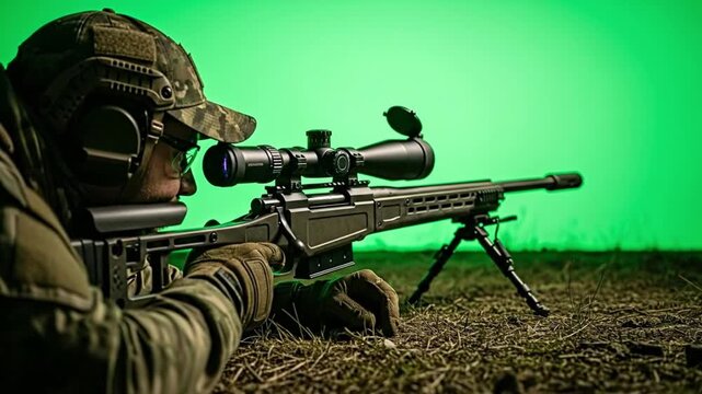 A sniper in camouflage aims a precision rifle outdoors. Greenscreen,