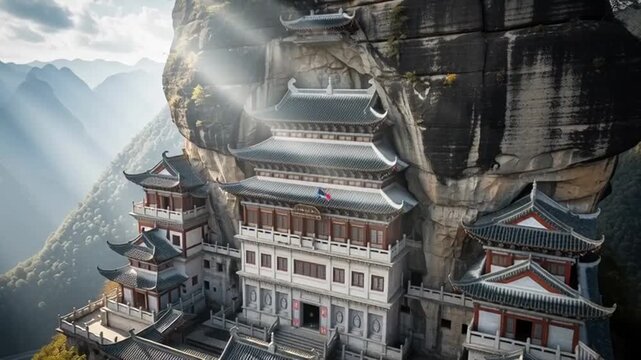 Ancient Chinese Temple Perched Precariously on a Cliffside Amidst Sunbeams.