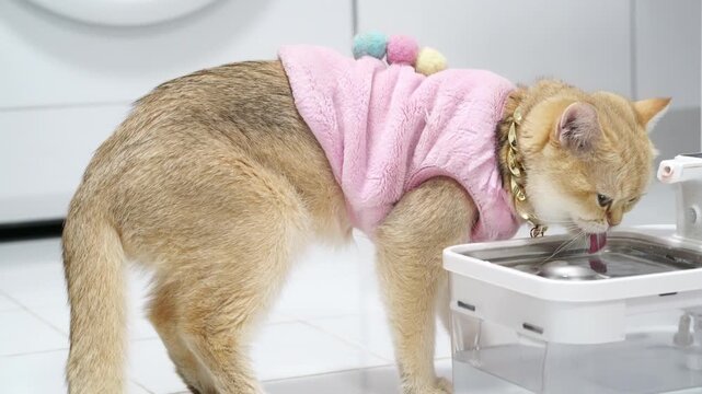 Playful and Cute Cat in Pink Fluffy Vest Explores Water Fountain in Modern Kitchen, Showcasing Adorable Moments of Fluffy Pets and Their Curiosity