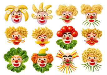 Fototapeta premium ten whimsical clown portraits crafted from fresh, vibrant food items—bananas, tomatoes, lettuce, pasta—in a flat lay grid on a sterile white background. concept of playful culinary art
