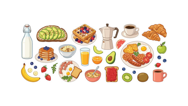 Delicious cartoon breakfast food and drink set vector illustration graphic icon collection isolated on white background for morning menu design element