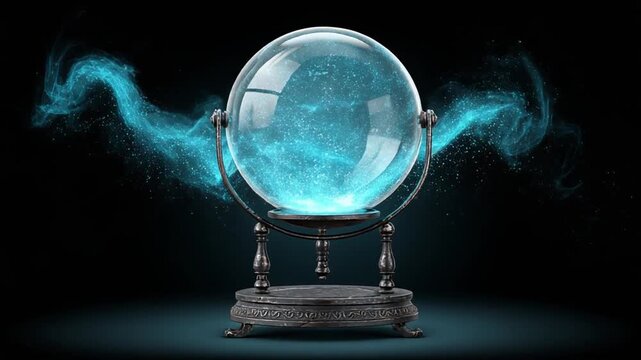 A luminous crystal ball sits on a pedestal with glowing energy emerging from it against a dark background