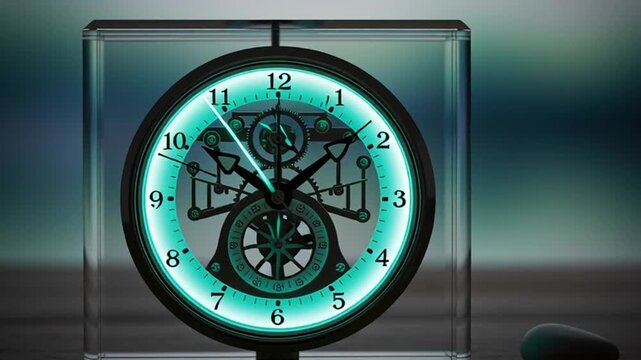 Close-up of a glowing green clock with intricate gears and a clear acrylic stand, symbolizing the passage of time and precision.