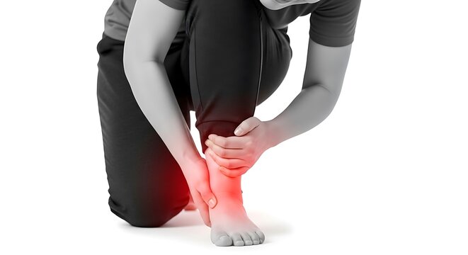 Person experiencing severe pain and discomfort in their ankle while kneeling on the ground with a highlighted red area indicating injury