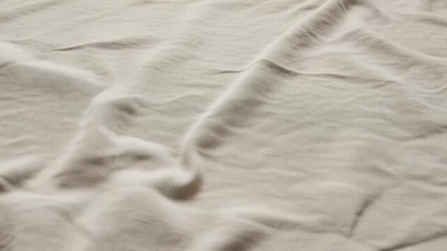 Close-up of a textured beige fabric with subtle wrinkles and folds creating a soft, organic pattern.
